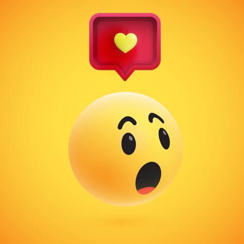 Cute high-detailed yellow 3D emoticon with speech bubble and heart for web, vector illustration