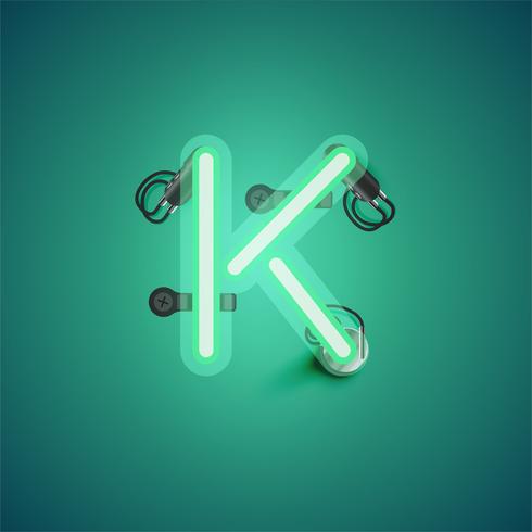 Green realistic neon character with wires and console from a fontset, vector illustration