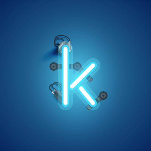 Blue realistic neon character with wires and console from a fontset, vector illustration