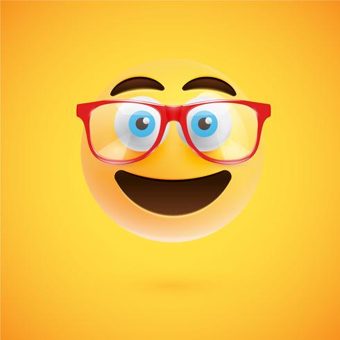 3D yellow emoticon with eyeglasses, vector illustration