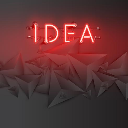 Neon word with abstract dark 3D triangles, vector illustration