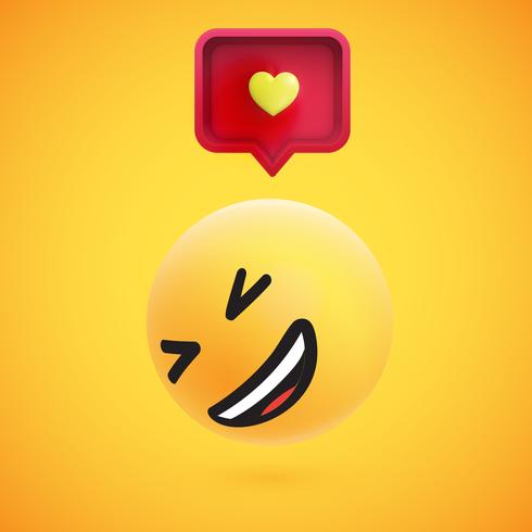 Lindo emoticono amarillo 3D de alto nivel con bocadillo y corazón para web, ilustración vectorial vector