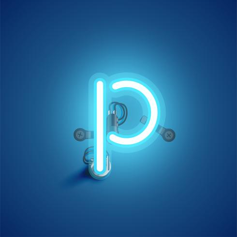 Blue realistic neon character with wires and console from a fontset, vector illustration