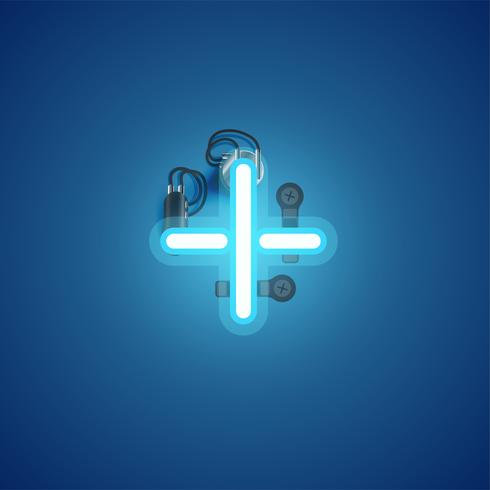 Blue realistic neon character with wires and console from a fontset, vector illustration