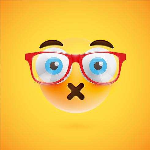 3D yellow emoticon with eyeglasses, vector illustration