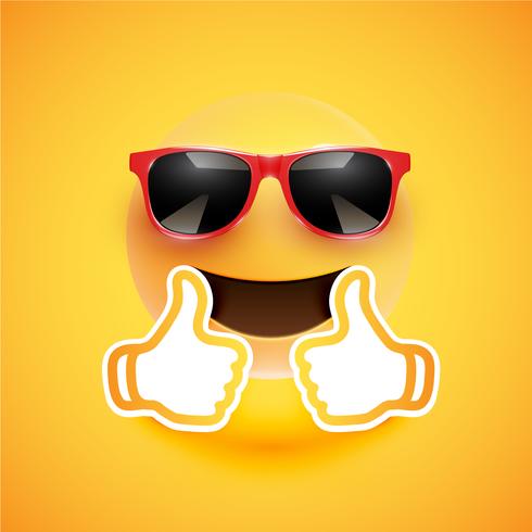 Realistic emoticon with sunglasses and thumbs up, vector illustration