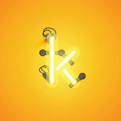 Yellow realistic neon character with wires and console from a fontset, vector illustration