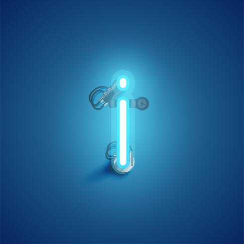 Blue realistic neon character with wires and console from a fontset, vector illustration