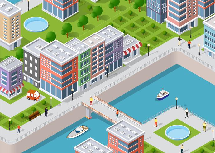 Isometric illustration of a city waterfront vector