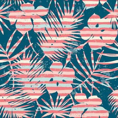 Seamless exotic pattern with tropical plants and stripes background. vector