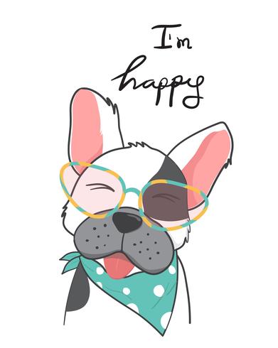 dibujo a mano de un sonriente toro feliz con gafas de moda para el desgaste del perro, soy feliz vector