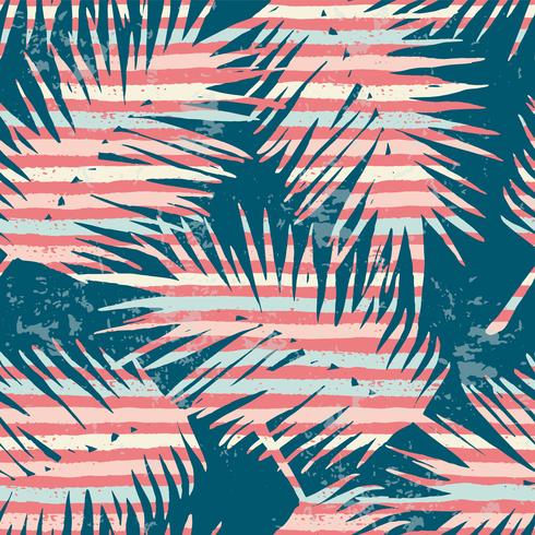 Seamless exotic pattern with tropical plants and stripes background. vector