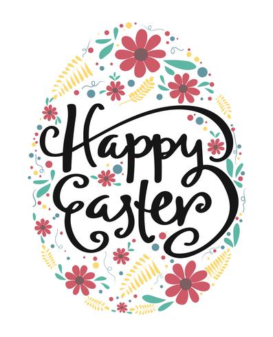 happy Easter calligraphy in egg with vintage flower pattern vector