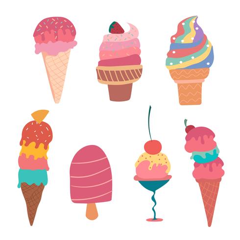 Colección de verano de cono de helado pastel dibujado a mano vector