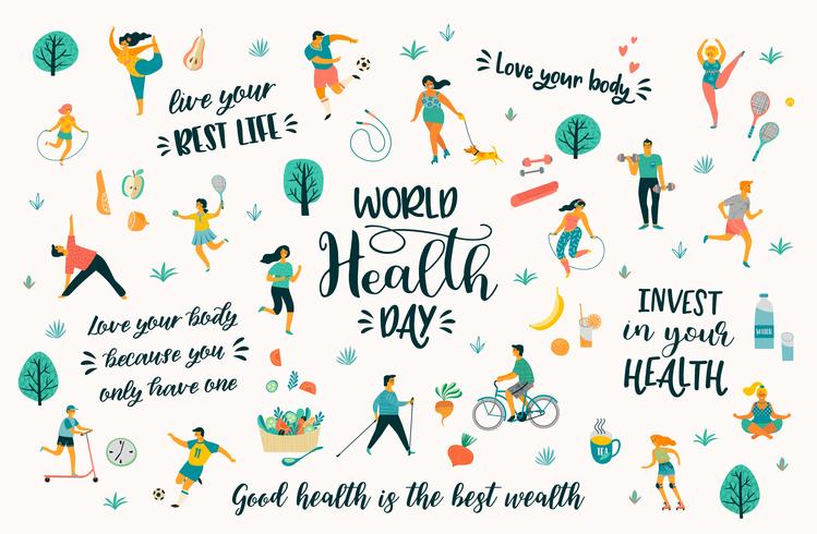 Día Mundial de la Salud con personas que llevan un estilo de vida activo y saludable y citas. vector