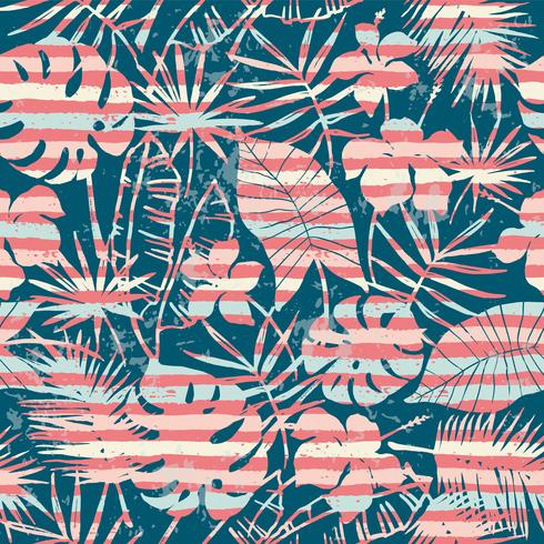 Seamless exotic pattern with tropical plants and stripes background. vector