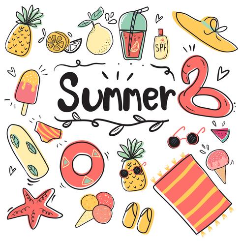 hand draw cute doodle icon summer collection  flat vector illustration