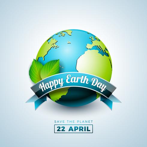 Ilustración del Día de la Tierra con el planeta y la hoja verde. Fondo de mapa del mundo en concepto de medio ambiente 22 de abril. vector