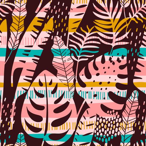 Abstract seamless pattern with tropical leaves. Hand draw texture. vector