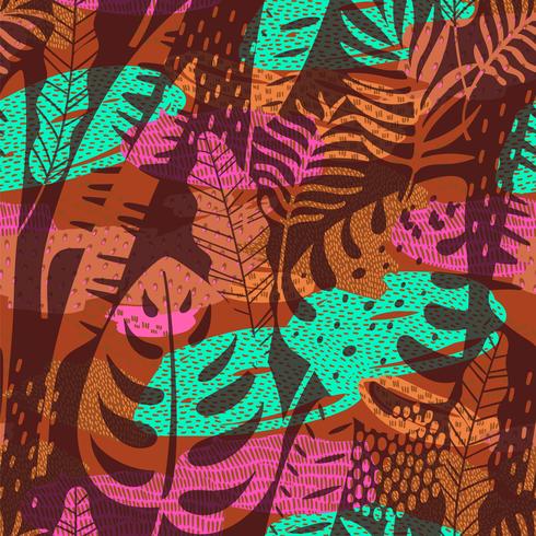 Abstract seamless pattern with tropical leaves. Vector template.