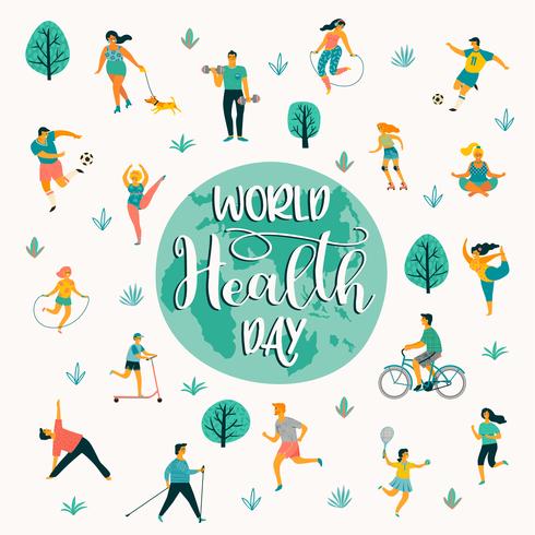 World Health Day. Vector illustration of people leading an active healthy lifestyle.