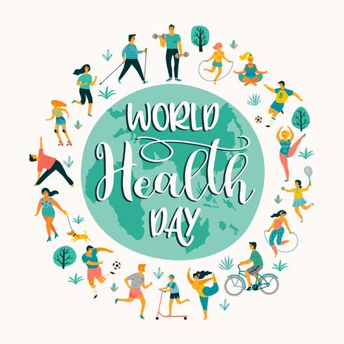 Día mundial de la salud. Ilustración vectorial de personas que llevan un estilo de vida activo y saludable. vector