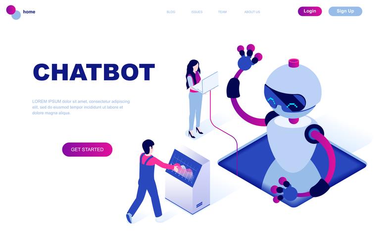 Concepto isométrico de diseño plano moderno de Chat Bot y Marketing vector