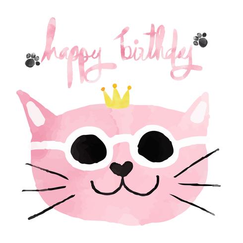 gato gracioso rosa acuarela con corona feliz cumpleaños tarjeta vector