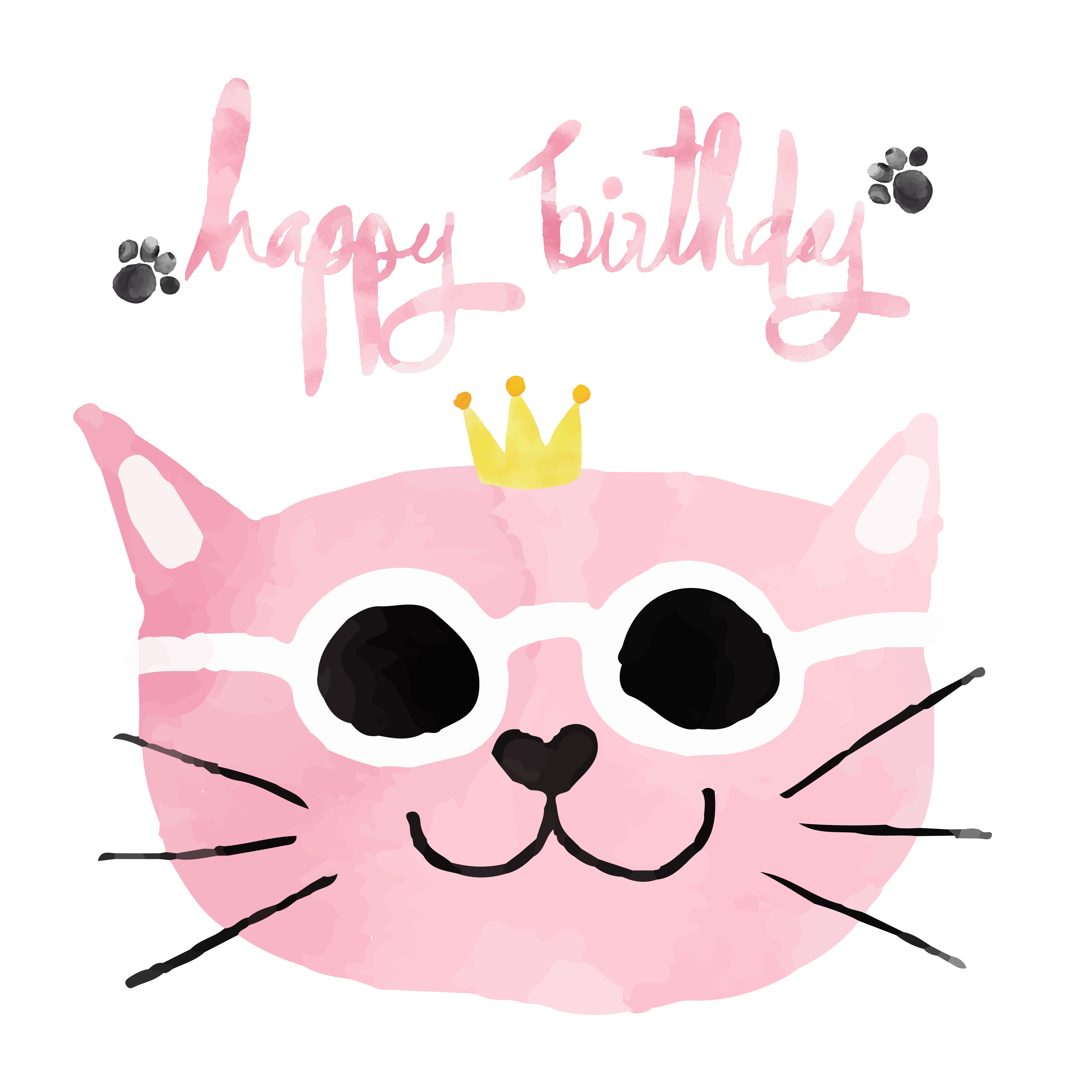 watercolour-pink-funny-cat-with-crown-happy-birthday-card-452792-vector