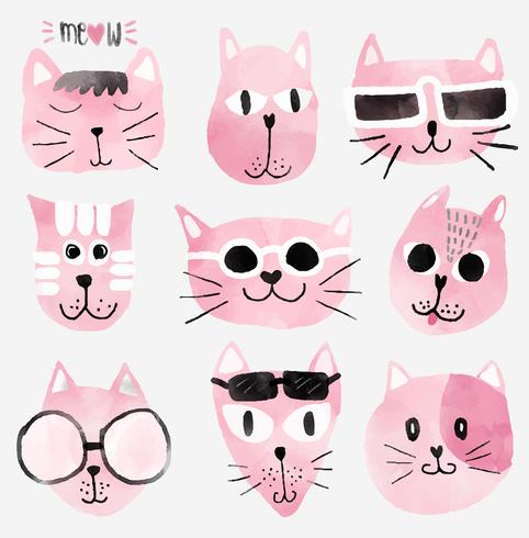 pink watercolour funny cat faces set vector