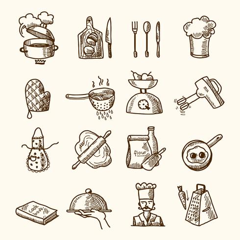 Bosquejo de los iconos de cocina vector