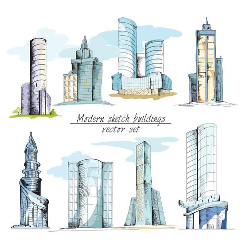 Bocetos modernos edificios de colores vector