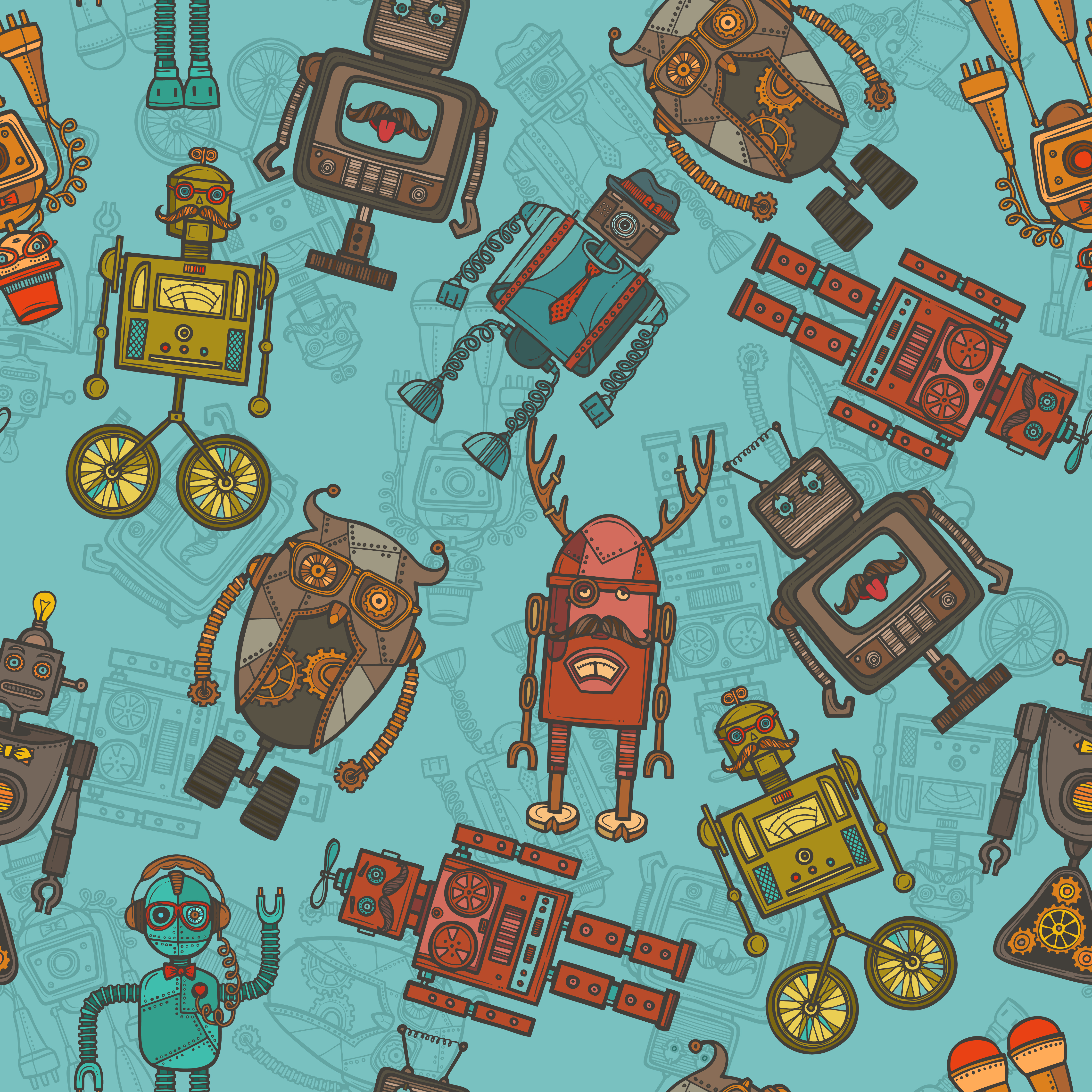 Hipster Robot Color Seamless Pattern Download Free Vectors Clipart Graphics Vector Art