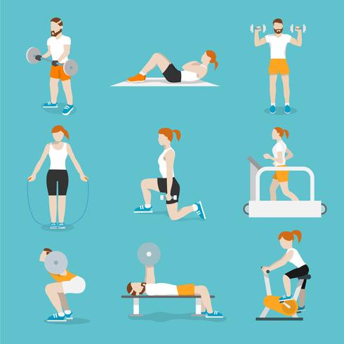 Personas gimnasia ejercicios conjunto de iconos vector