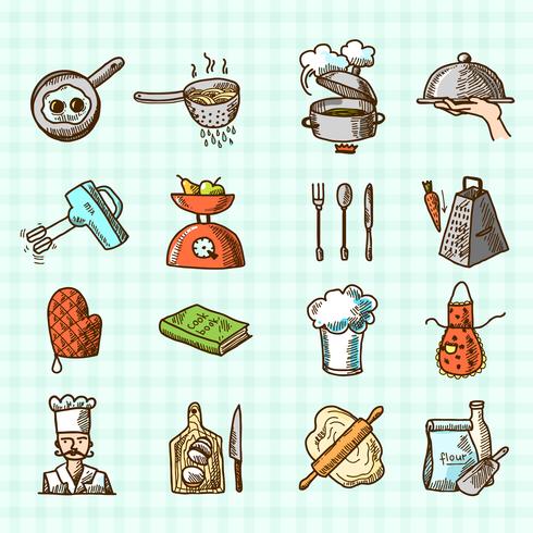 Bosquejo de los iconos de cocina vector