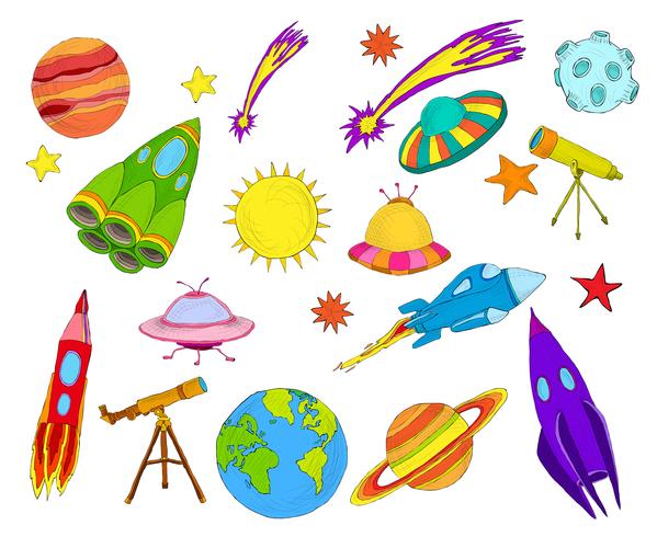 Space objects sketch set colored vector