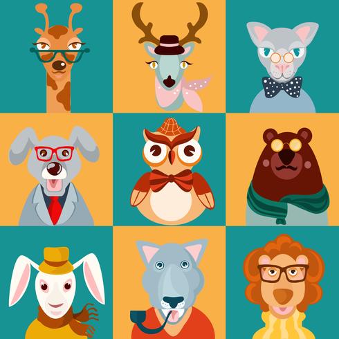 Animal hipsters icons flat vector