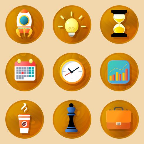 Wooden business icons set vector