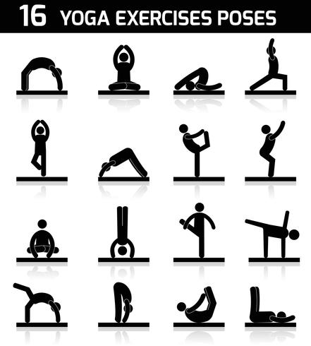 Yoga exercises icons black vector