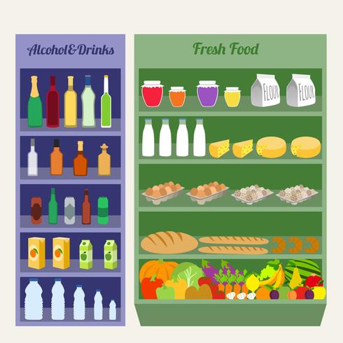 Supermarket shelves flat vector