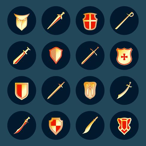 Conjunto de iconos de espada y escudo vector