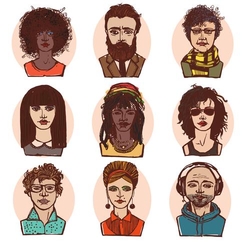 Dibujar personas retratos coloreados conjunto vector