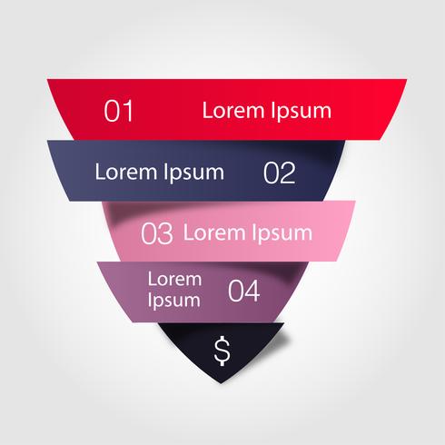 Embudo de ventas. Vector infographic del negocio. Ejemplo del corte del triángulo del color dividido a cuatro porciones con la pequeña sombra.