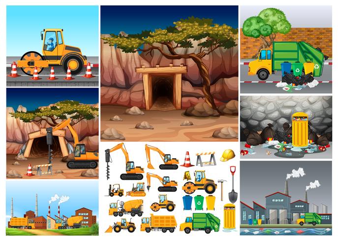 Excavator tractors working in different sites vector