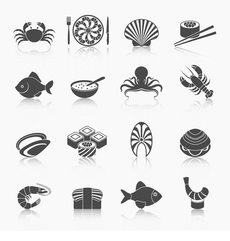 Conjunto de iconos de mariscos negro vector