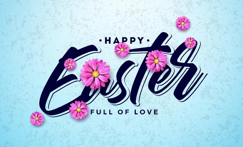 Happy Easter Holiday Design with Colorful Spring Flower and Typography Letter on Clean Background vector