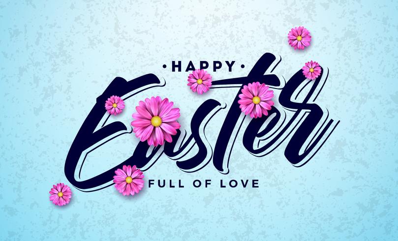 Happy Easter Holiday Design with Colorful Spring Flower and Typography Letter on Clean Background vector