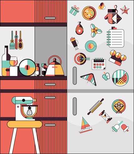 Kitchen interior flat line vector