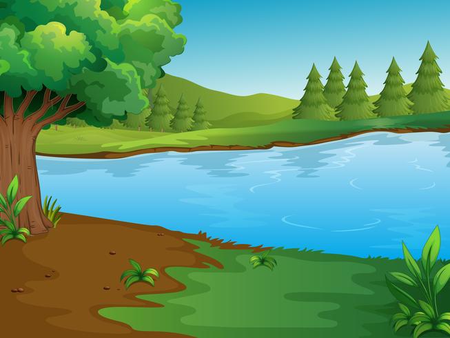 River scene with trees and hills 454694 Vector Art at Vecteezy