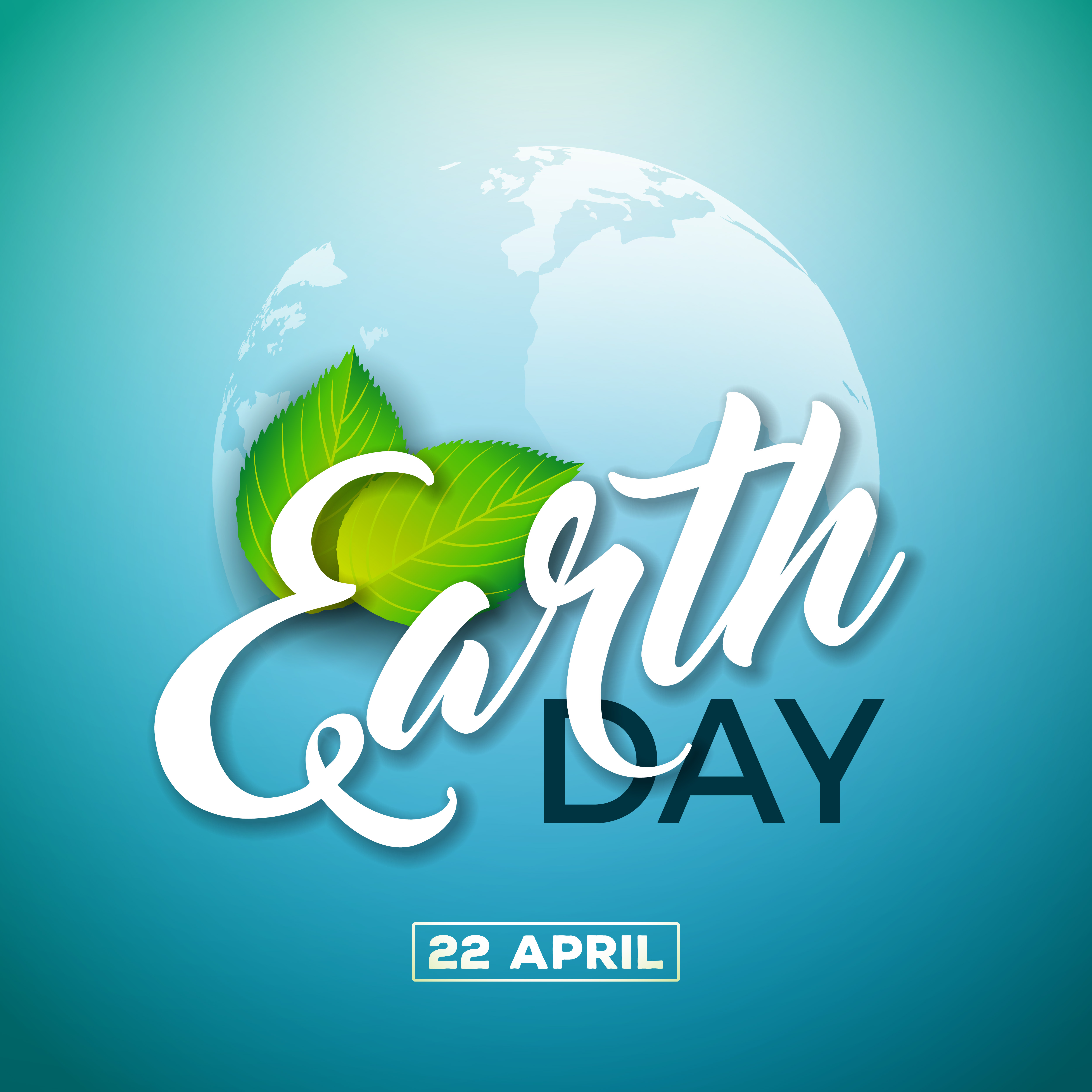 Earth Day illustration with and Green Leaf. World map background